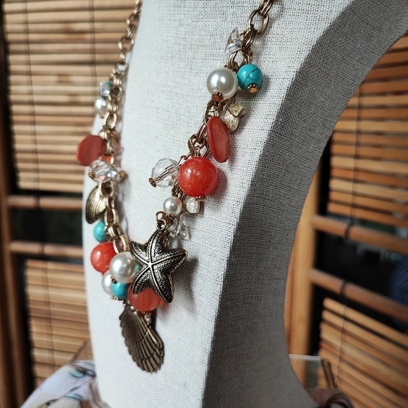 Erica Lyons EL Seashell Faux Pearl Glass Beaded Necklace Starfish Turquoise EUC - Picture 2 of 15